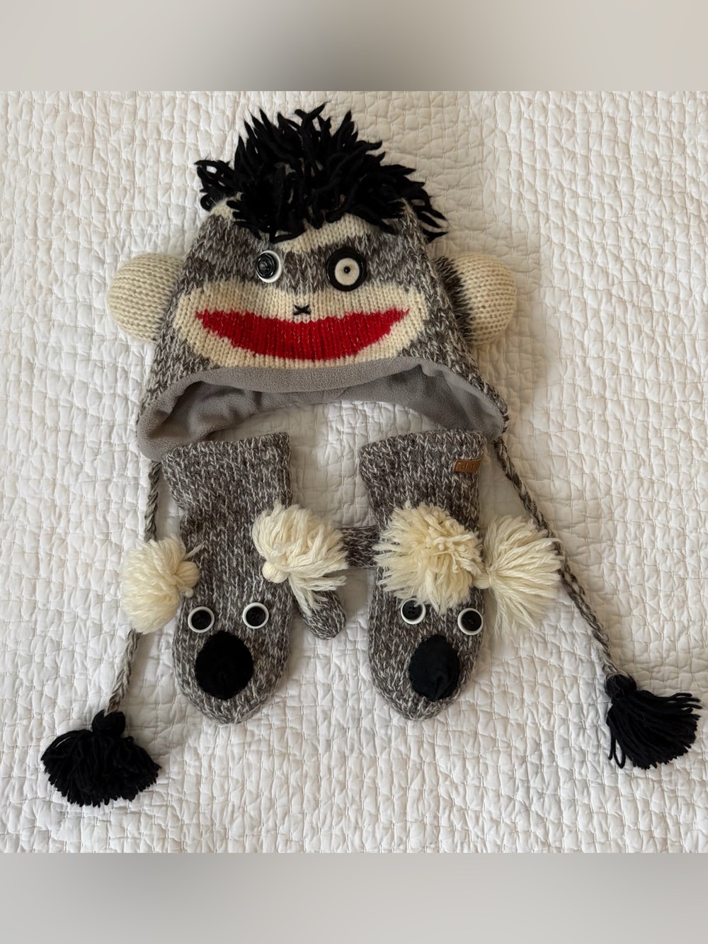 deLux Brand Adult Sock Monkey Knit Hat With Ear Flaps and Mittens Set